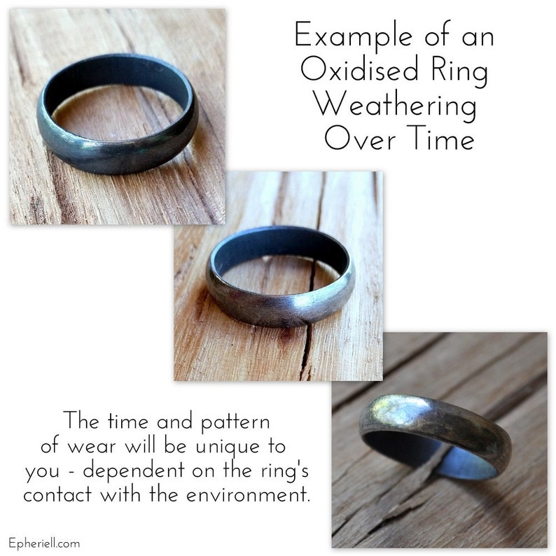May include: Three images showing the same oxidized silver ring on a wooden surface. The images show the ring at different stages of weathering, demonstrating how the ring will change over time.