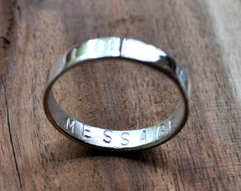 Personalised Women's Polished Secret Message Ring. Custom Stamped Sterling Silver Wedding Band. 3.7mm. Flat, Custom-Sized Ring.