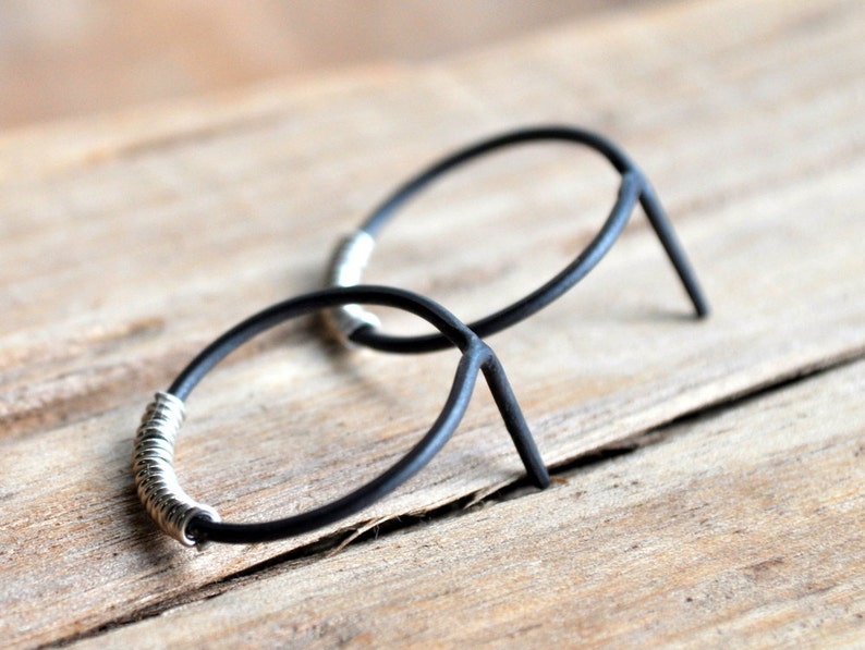 Silver Lining Small Hoop Earrings Grey Oxidised Sterling Silver with a Splash of Contrasting Bright Sterling Silver Coil. image 2