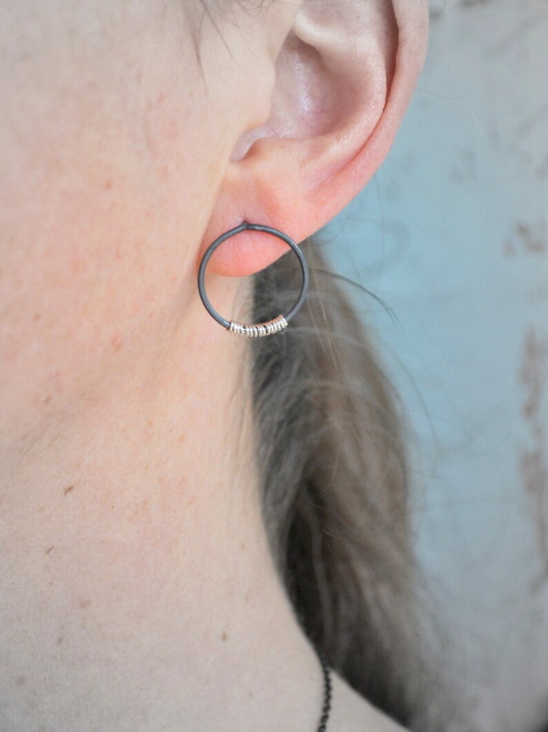 Silver Lining Small Hoop Earrings Grey Oxidised Sterling Silver with a Splash of Contrasting Bright Sterling Silver Coil. image 3