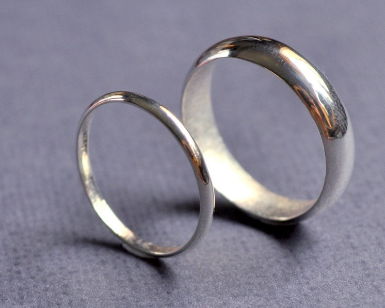 His & Hers Wedding Band Set 2mm 5mm half-round high-shine eco sterling silver rings. Handmade in Australia. image 2