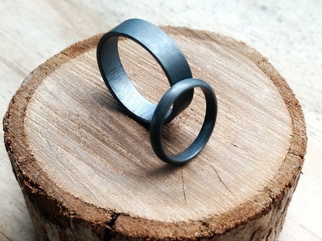 Oxidized Sterling Silver Wedding Ring Set. 6mm Flat 3mm Half round. oxidised Black Grey. Custom Size. Etsy