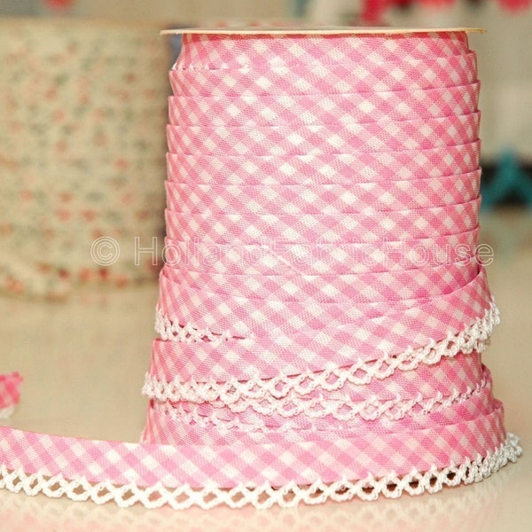 Bias Tape -  Baby Pink Gingham Cotton and Lace Double Fold