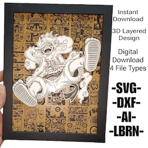 Può includere: Un design 3D a strati incorniciato con un personaggio manga in posa dinamica. Lo sfondo è un collage di pannelli manga. La cornice è nera. Il testo recita "Download istantaneo, Design 3D a strati, Download digitale, 4 tipi di file".