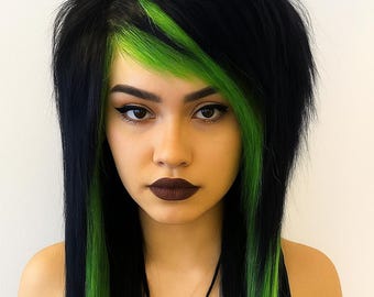 Light Green and Black Skunk Stripe Lace Front Wig with human Hair and Center Part | Light Styles | Black Green