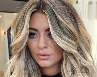 Blonde Balayage Lace Front Wig | Wavy Human Hair | Invisible Root Smudge | Luxe Hair Wig | Blonde Ombre Root Melt 13x4 Glueless Lace Front
