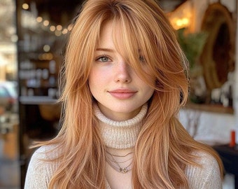 Strawberry Blonde Layer Cut Wig | Red Blonde | Glueless Med-Length Wig with Wispy Bangs | 11.5 x 5x5 | Luxe European Hair