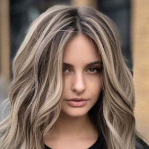 Può includere: Primo piano di una donna con lunghi capelli ondulati con riflessi biondi e castano chiaro. Indossa un top nero e una giacca di pelle nera.