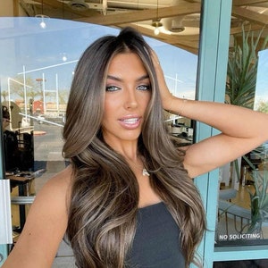Brown Golden Ombre Balayage Highlight | Dark Brunette Brown Blonde Balayage | Premium Human Hair Wig | Chocolate Brown Long Wave 13x4 Lace