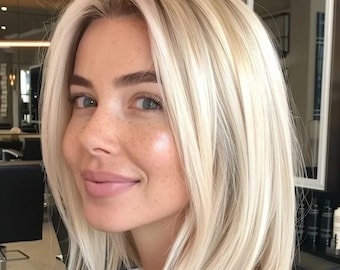 Könnte beinhalten: Eine Frau mit langen, glatten, platinblonden Haaren. Ihre Haare sind in einem stumpfen Bob mit Schichten gestylt. Sie trägt ein schwarzes Shirt.