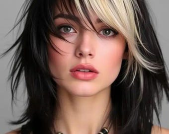 Emo Black Bangs Blonde Skunk Human Hair Wig | Center Part Wig for a Stunning Look | 13x4 | Lace Front Wig | Light Styles | Black Blonde