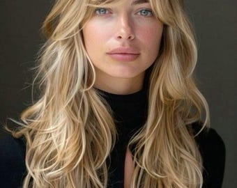 Peluca rubia desgreñada con flequillo / Peluca desgreñada en capas de longitud media / Corte de lobo que enmarca el rostro / Peluca corta y recta para cosplay de anime / Peluca de cabello bob texturizado