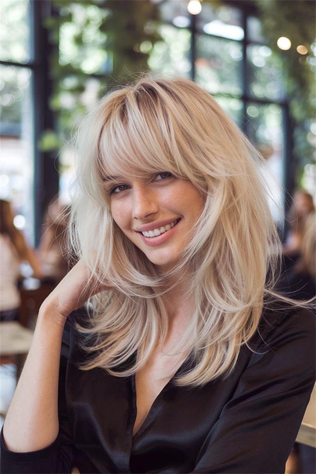 Side Swept Bangs Medium Blonde Bob With Bangs Blonde Hair Feathered Hair  With Side Fringe Layered, image size:1080x1620