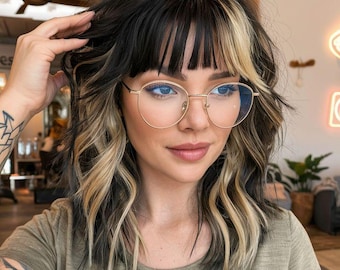Black Bangs Blonde Skunk Human Hair Wig | Center Part Wig for a Stunning Look | 13x4 | Lace Front Wig | Light Styles | Black Blonde