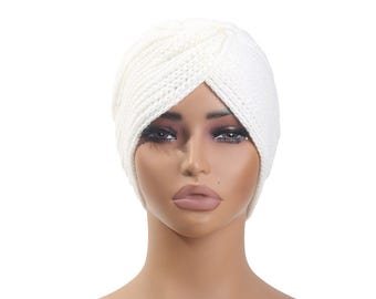 Cozy Cream Knitted Twist Turban Hat for Women | Chunky Knit Winter Headwear | Soft Muslin & Thick Wool Turban for Cold Weather