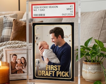 Bloco de acrílico personalizado para o Dia dos Pais com classificação de cards, placa personalizada com foto para cards colecionáveis de esportes, presente de aniversário para o melhor pai, placa de "Primeira Escolha do Draft".