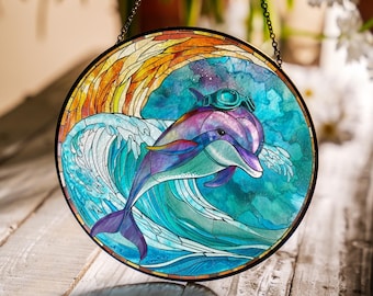 イルカのステンドグラスアートパネル - 海の波模様の円形窓掛け - Etsy
