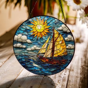 Sailboat Stained Glass Suncatcher, Nautical Window Hanging, Ocean Boat Sun Catcher Decor, Summer Beach House Gift, Sea Lover Home Decor