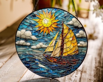 海景ステンドグラス、夕暮れの海の波、波間を航行する帆船 - Etsy 日本