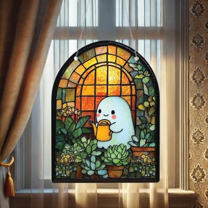 Cute Ghost Greenhouse Suncatcher Ornament, Halloween Window Hanging, Plant Lover Gift, Kawaii Ghost Acrylic Decor, Spooky Cute Gift for Mom