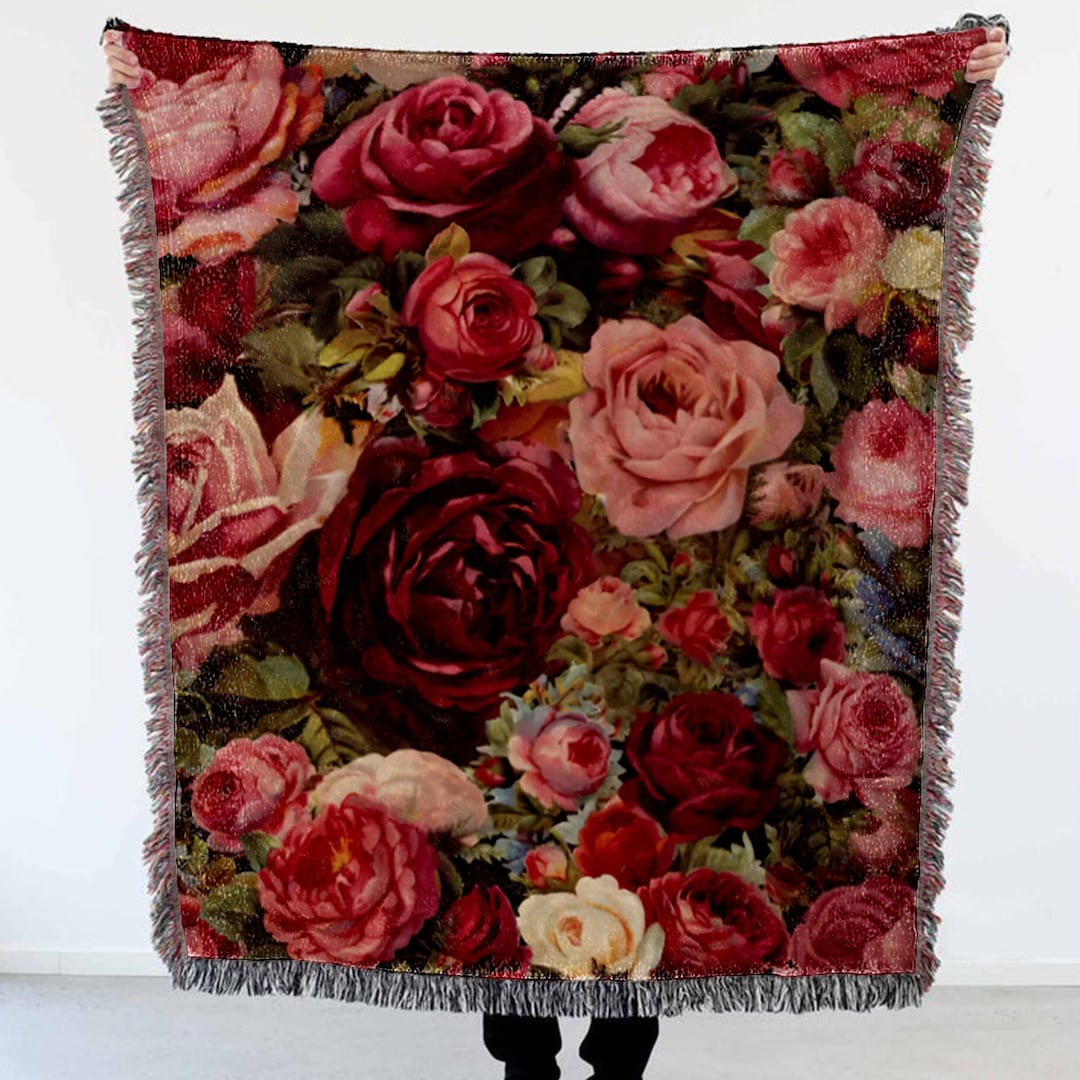 Vintage Floral Woven Blanket, Rose Flower Throw for Couch or Bed ...