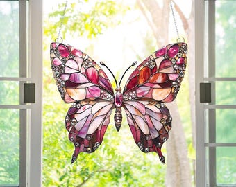 Mariposa rosa acrílica para ventana: decoración arcoíris iridiscente