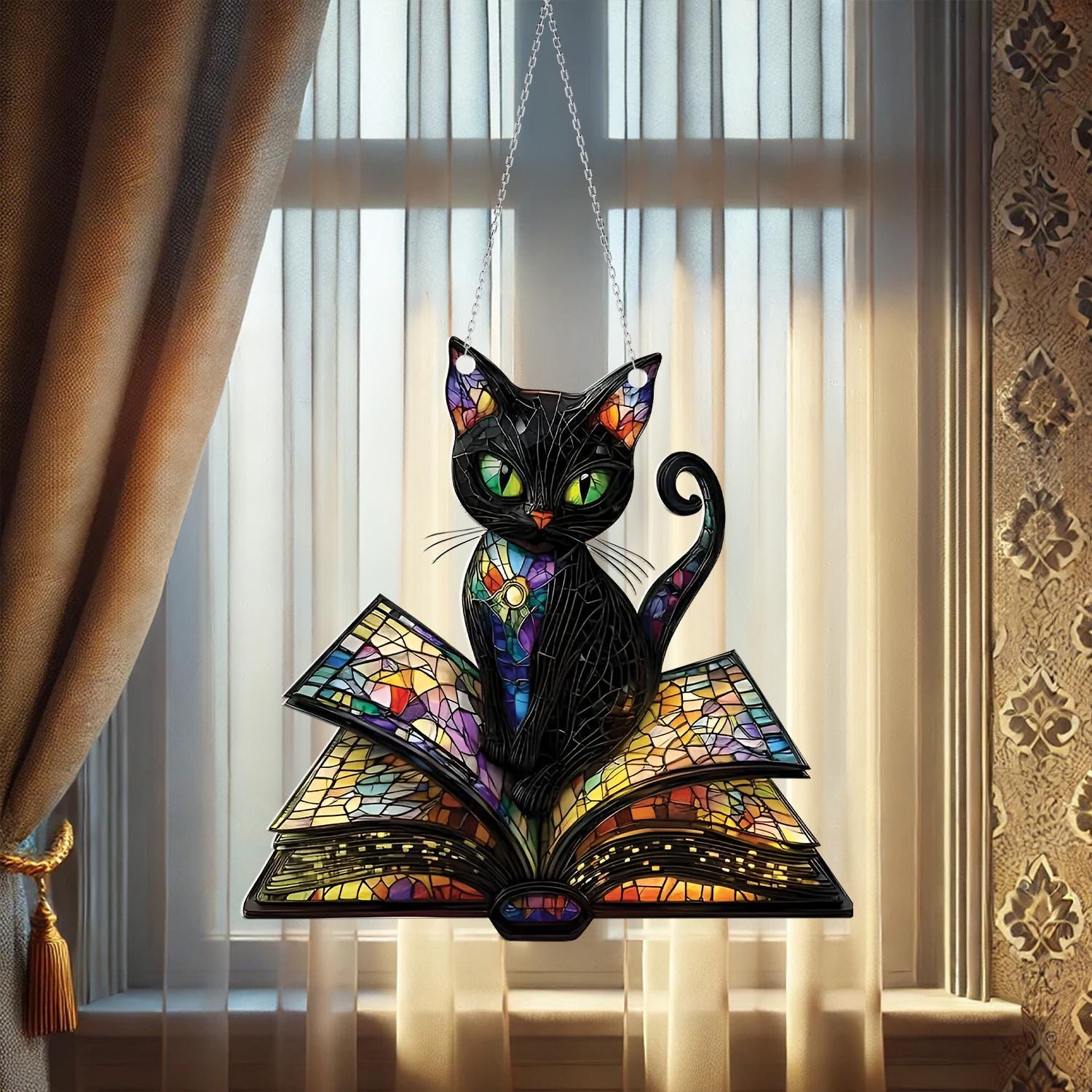 魔法の本と黒猫のアクリル製サンキャッチャー、かわいい猫の窓飾り