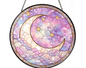Crescent Moon Stained Glass Suncatcher, Celestial Moon and Stars Window Hanging, Dreamy Pastel Sky Decor, Mystical Home Gift
