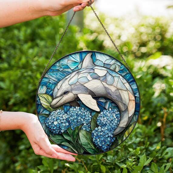 Dolphin & Hydrangea Stained Glass Suncatcher, Round Ocean Blue