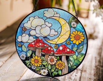 Mushroom Moon Suncatcher, Stained Glass Crescent Moon & Red Mushrooms, Whimsical Floral Window Decor, Boho Fairycore Cottagecore Gift
