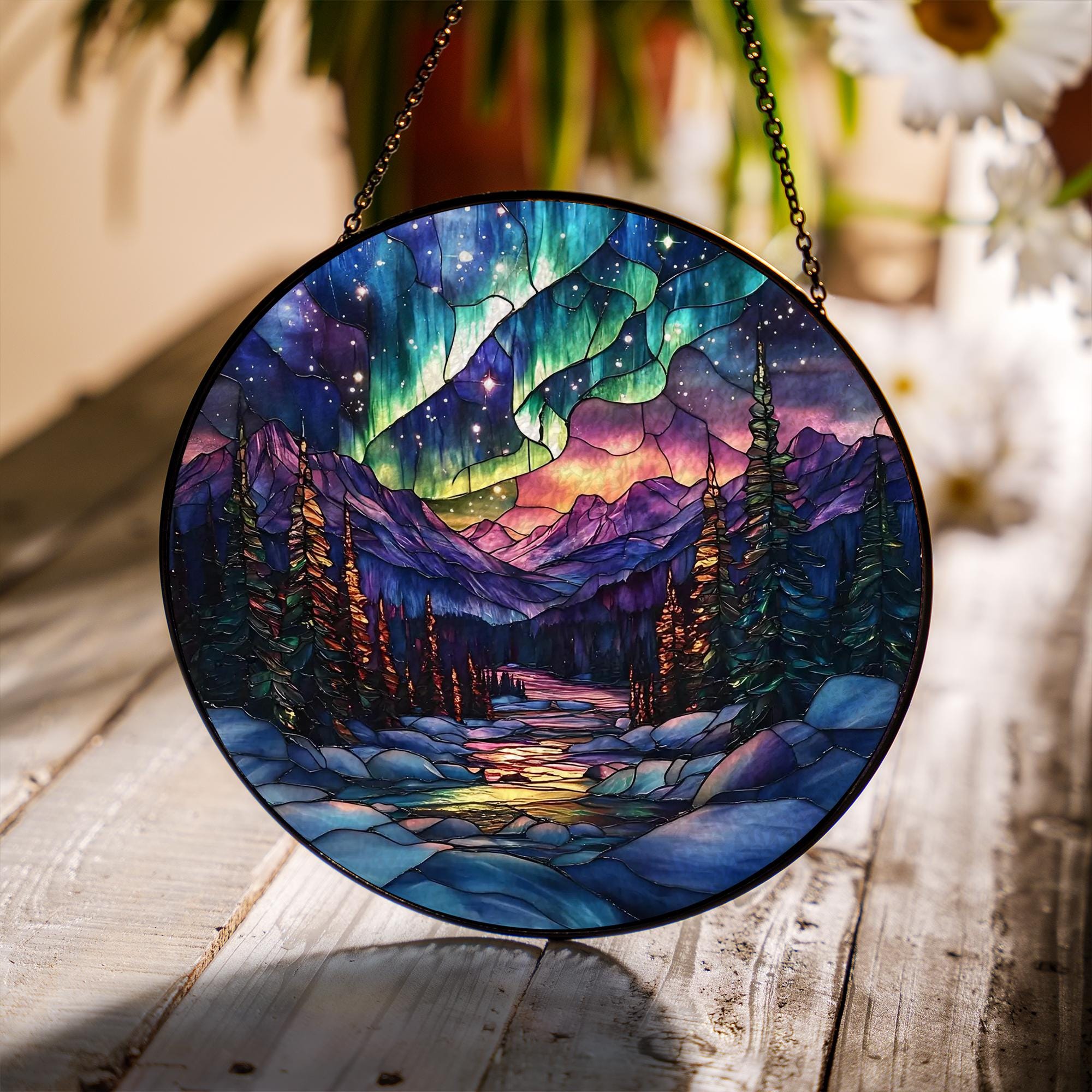 オーロラステンドグラスサンキャッチャー、オーロラ窓飾り、山の夜空