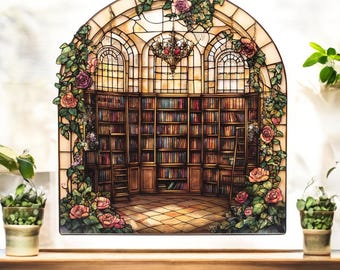 Book Lover Acrylic Suncatcher, Colorful Books and Flowers Window Hanging, Rainbow Bookshelf Decor, Gift Reader, Bookworm Gift, Library Lover