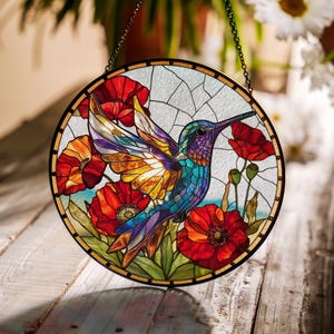 Hummingbird Glass Suncatcher, Colorful Window Hanging, Floral Poppy Decor, Nature Lover Gift, Stained Glass Home Decor, Gift for Gardeners
