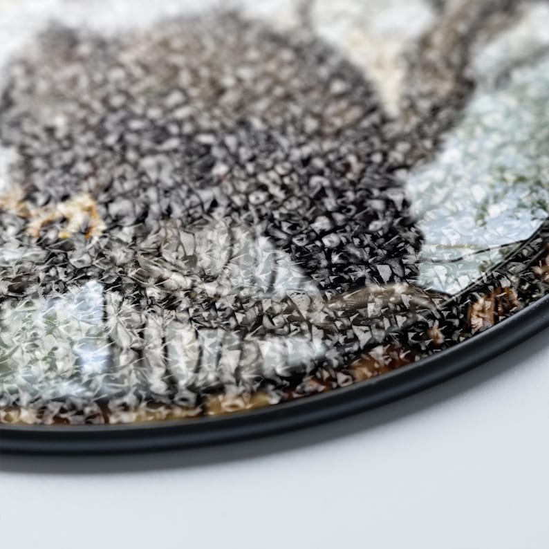 May include: Close-up of a circular decorative item with a black edge. The surface has a textured, mosaic-like appearance with shades of grey, brown, and white. The item appears to be made of glass or a similar material.