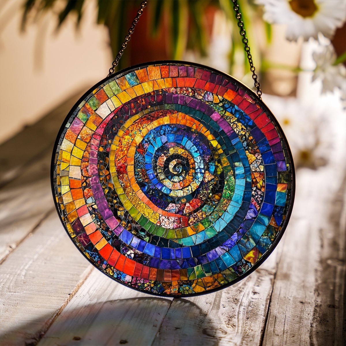 Rainbow Spiral Glass Suncatcher, Stained Glass Style Window Hanging, Round Mosaic Design, Colorful Geometric Decor, Gift for Art Lovers - Etsy