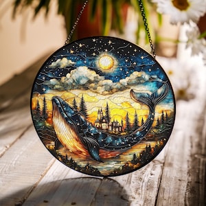 Starry Whale Stained Glass Suncatcher, Fantasy Forest Window Hanging, Cosmic Ocean Decor, Dreamy Whale Art Gift for Nature and Animal Lovers