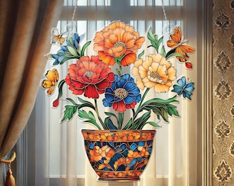 ステンドグラスのカーネーションサンキャッチャー：手作りの花柄