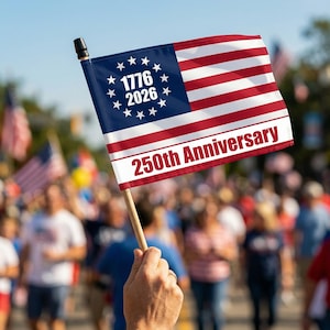Bandera de mano del 250 aniversario de Estados Unidos, pequeña bandera patriótica de EE. UU. con asta de madera, bandera para desfiles (1776-2026), decoración para la celebración del 4 de julio.