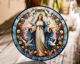Attrape-soleil en vitrail de la Vierge Marie, fenêtre de la Sainte Mère suspendue avec des colombes et des roses, cadeau catholique, ornement religieux pour la maison