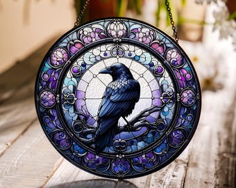 Raven Stained Glass Suncatcher, Gothic Crow Window Hanging, Unique Indoor Home Decor, Halloween Gift, Housewarming Gift Idea for Dark Theme
