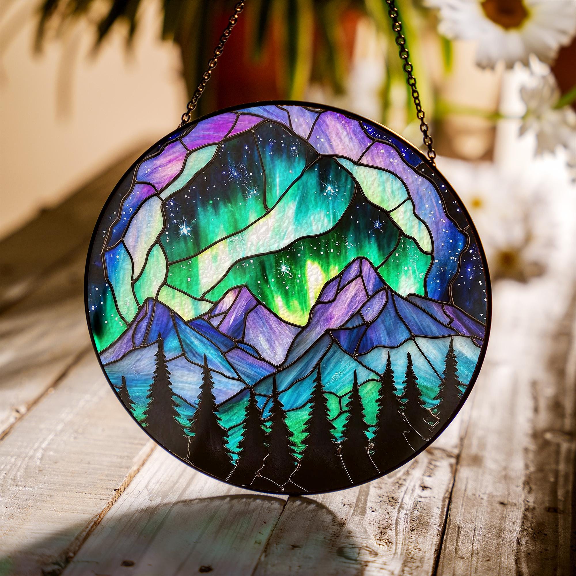 オーロラステンドグラスサンキャッチャー、オーロラ山窓吊り下げ、夜空