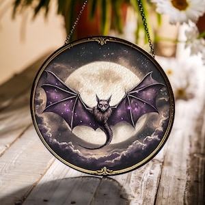 Mystical Bat Suncatcher, Gothic Moon Window Decor, Halloween Glass Panel, Witchy Bat Wall Art, Spooky Fantasy Gift, Vampire Bat Ornament