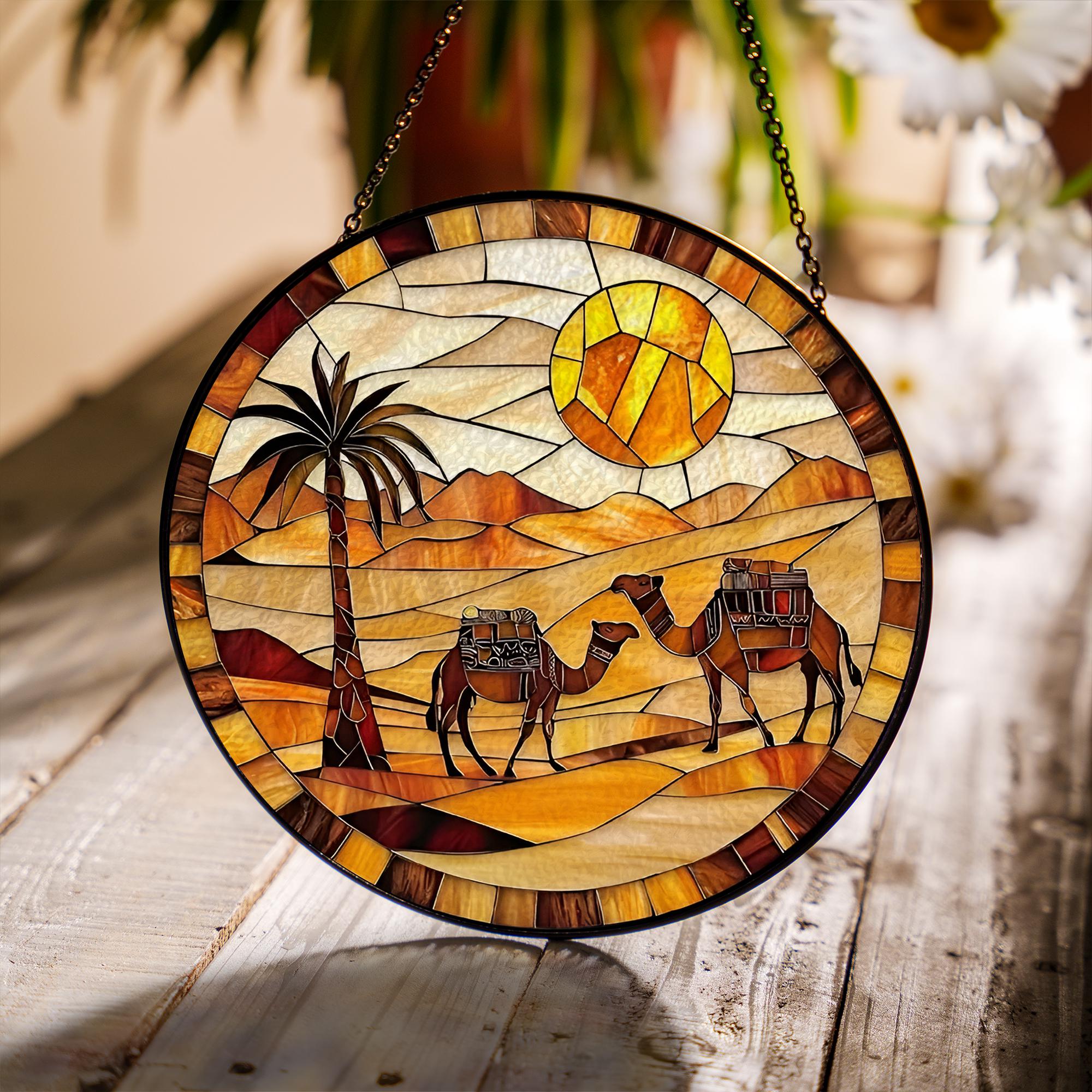 キャメルと砂漠のアートガラス Desert Camel Stained Glass Suncatcher, Palm Tree Sunset Window
