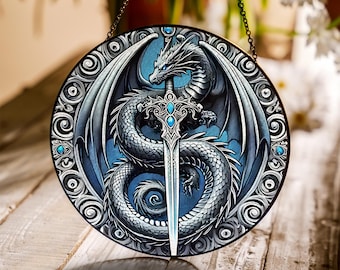 Dragon Sword Stained Glass Suncatcher, Gothic Fantasy Dragon Window Hanging, Medieval Dragon Decor, Mythical Creature Gift For Him