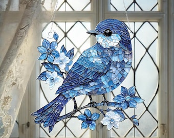 Décoration Oiseau Bleu En Acrylique 2D – Style Vitrail Teinté – Environ 20x20 Cm – Attrape-soleil Pour Fenêtre, Jardin, Intérieur