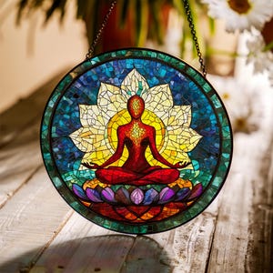 Yoga lotusbloem raam hangend, meditatie glas Suncatcher, yoga ornament decor, chakra Energ, cadeau zen mindfulness, spirituele kunst aan de muur