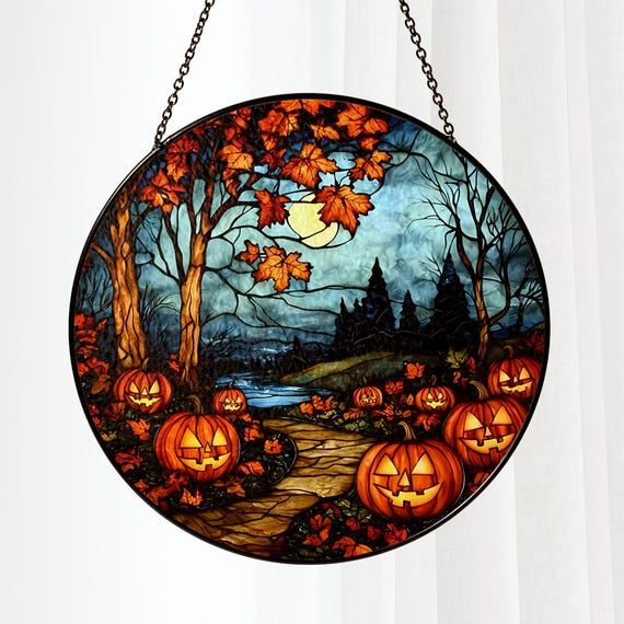 ハロウィンかぼちゃステンドグラスサンキャッチャー、不気味なかぼちゃ