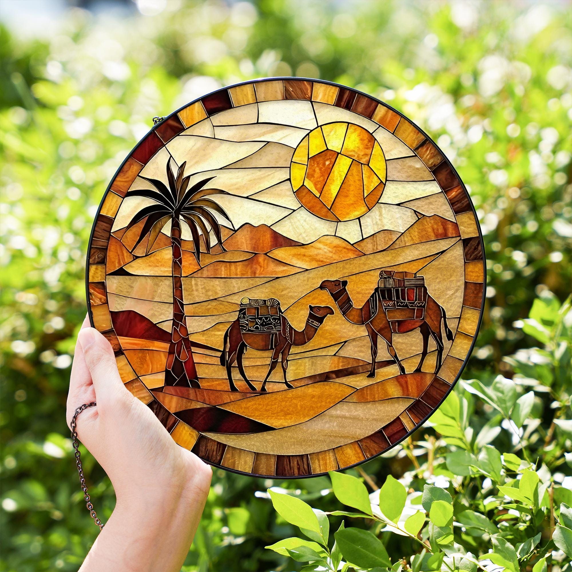 Desert Camel Stained Glass Suncatcher, Palm Tree Sunset Window