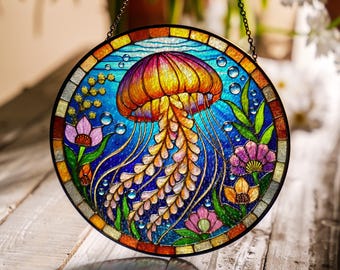 Kwallen glazen zonnevanger, oceaan zee minnaar cadeau, kwallen raam hangend, acryl zonnevanger, kust strand huisdecor, zeeliefhebber geschenken