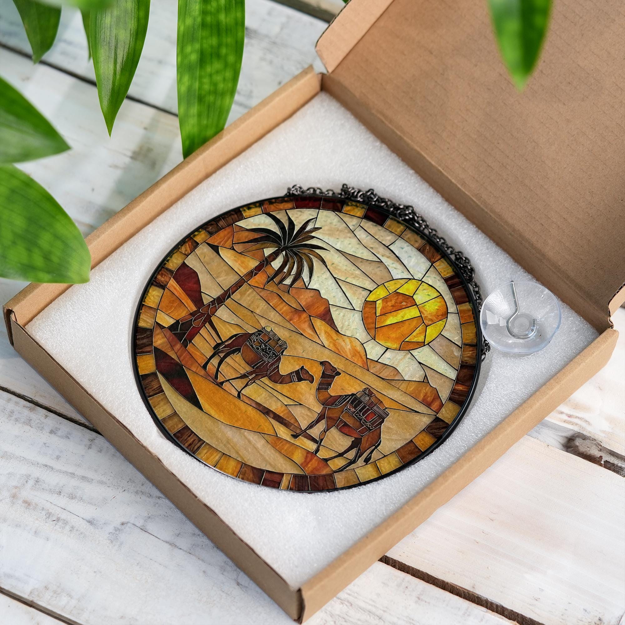 Desert Camel Stained Glass Suncatcher, Palm Tree Sunset Window